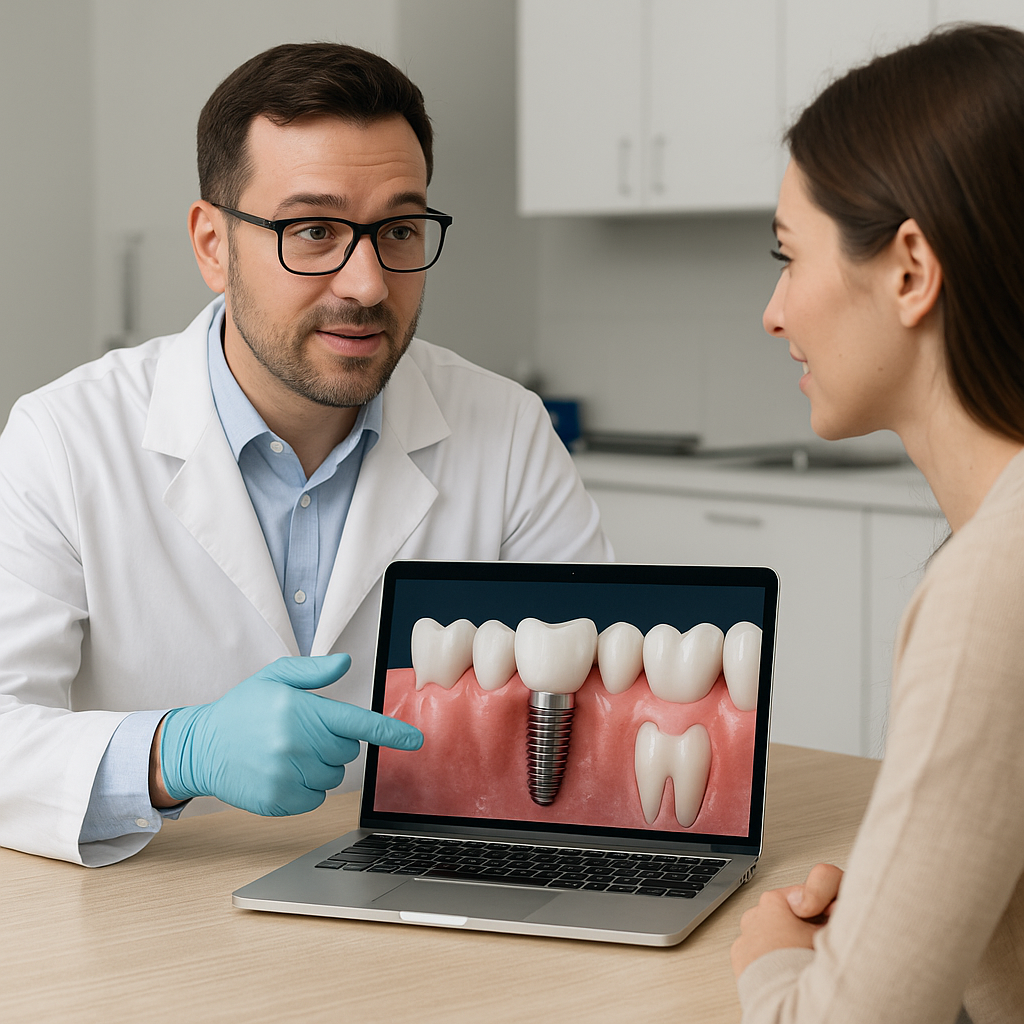 Dentista explicando como funciona o implante dental para paciente.