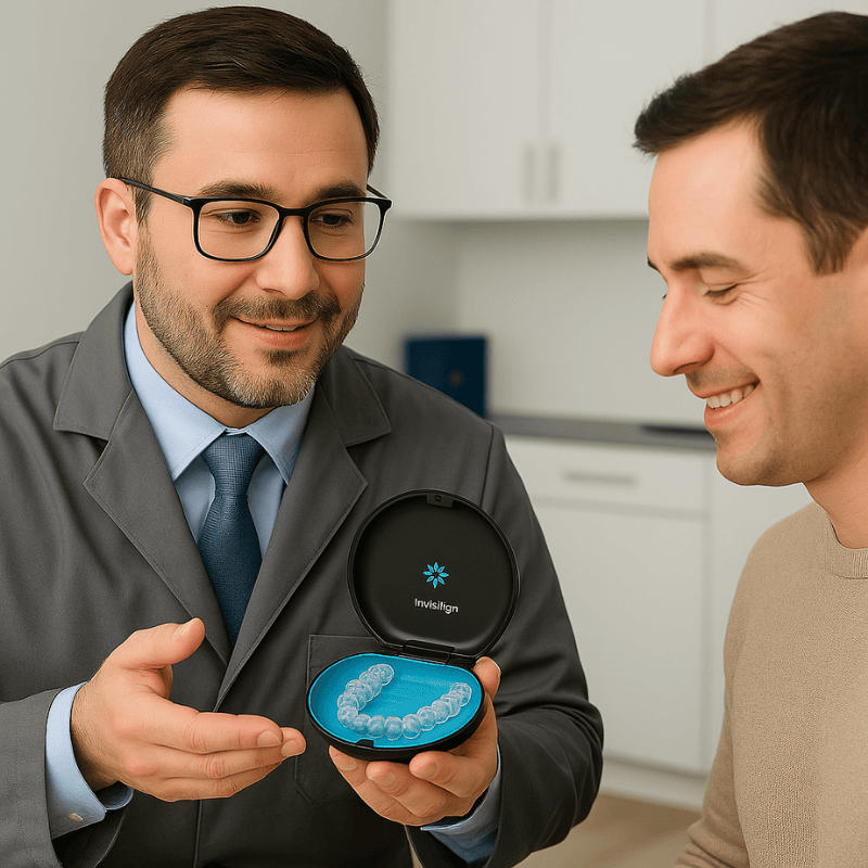 Dentista da Clínica Sorrio respondendo dúvidas sobre Invisalign.