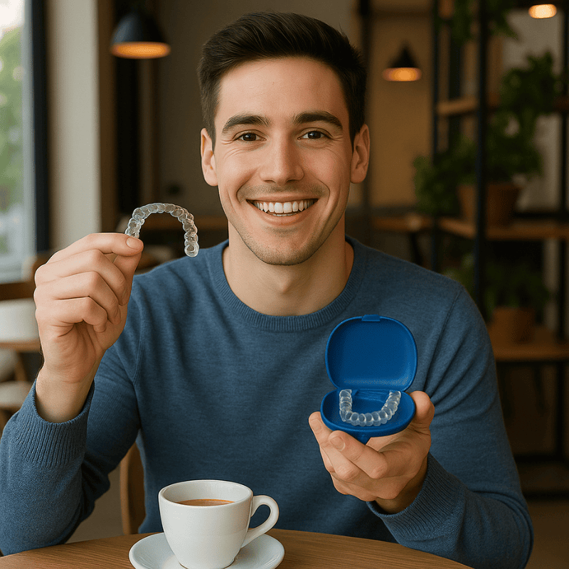 Paciente usando Invisalign com liberdade na rotina diária.