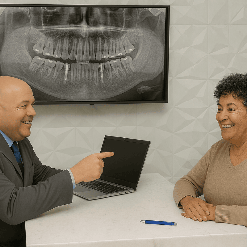 Dentista da Clínica Sorrio, no Rio de Janeiro, respondendo dúvidas sobre protocolo dentário.